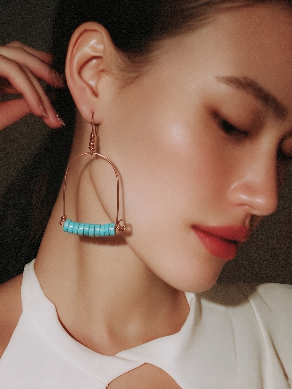 Genuine Turquoise Beaded Hoop Drop Earrings - Wire Wrapped. - Picture 8 of 9